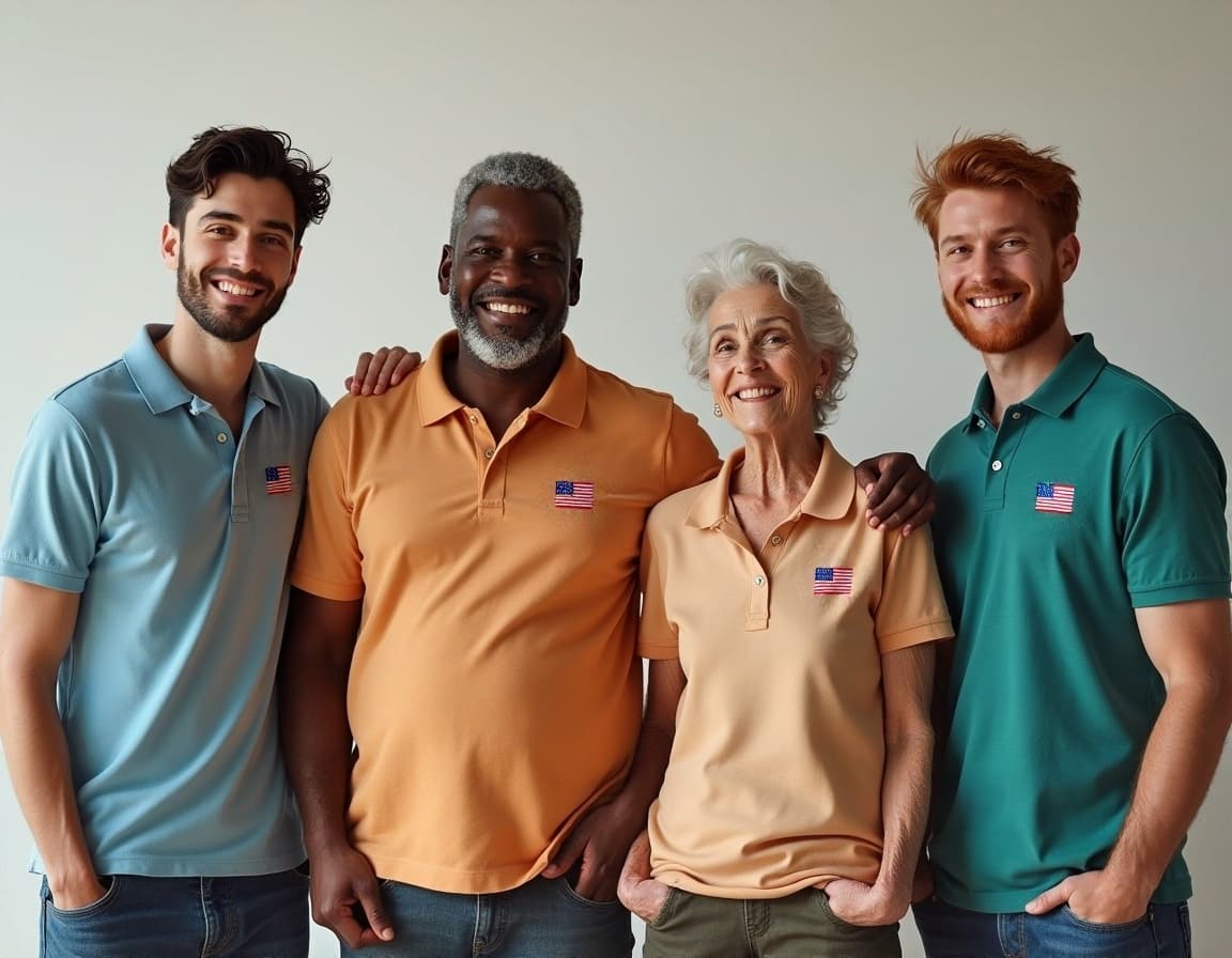 Professional business team wearing custom embroidered polo shirts for corporate events by Belle Maya Prints